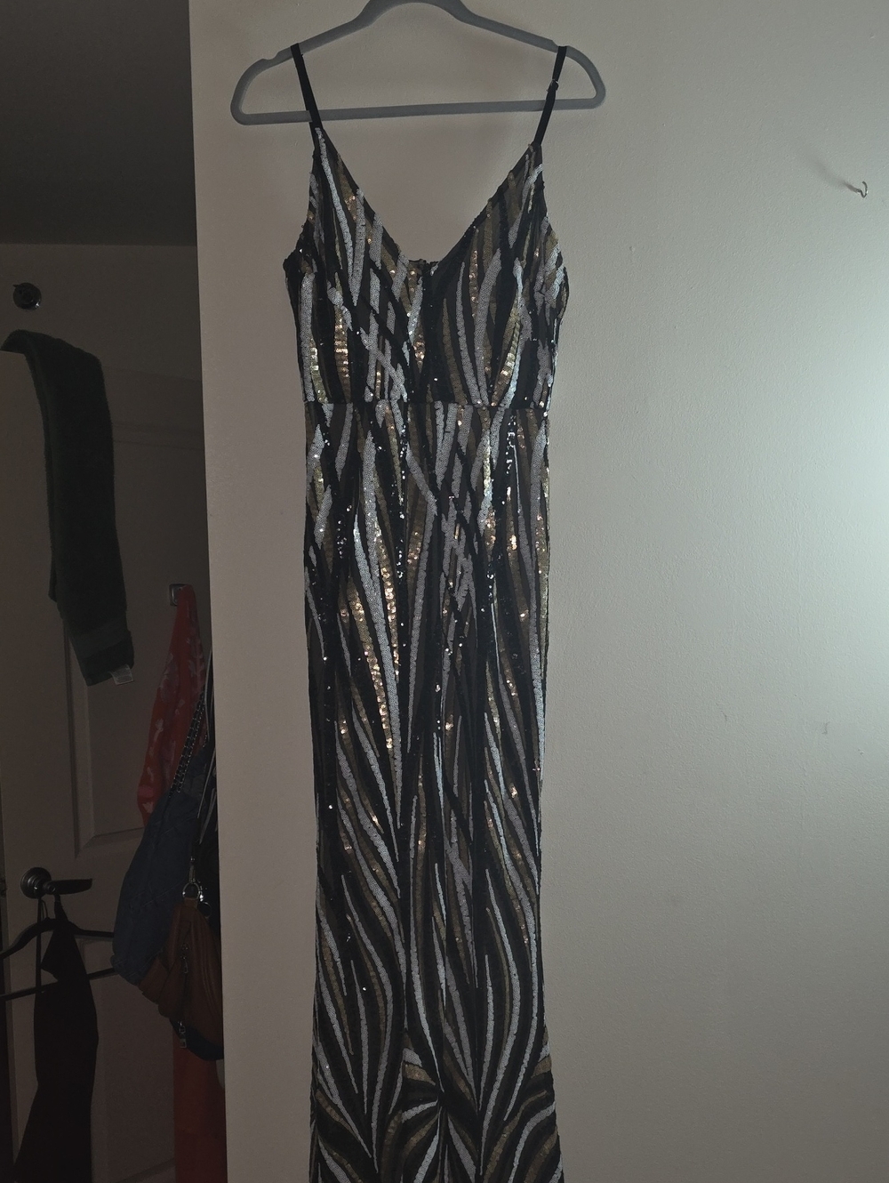 Fashion Nova Black Sequin Striped Maxi Dress with Gold Accents